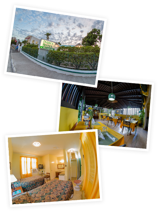 Indies hotel room, restaurant and bar area